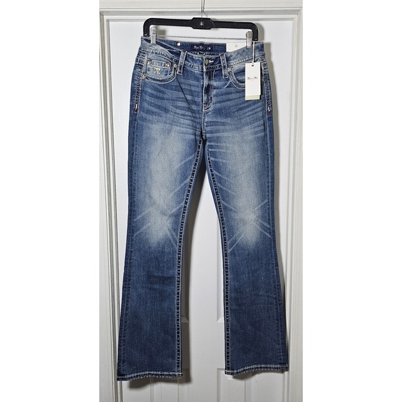 Miss Me Denim - Miss Me Mid Rise Boot Slim Fit Distressed Blue Jeans Womens W29 L34 Embroidered